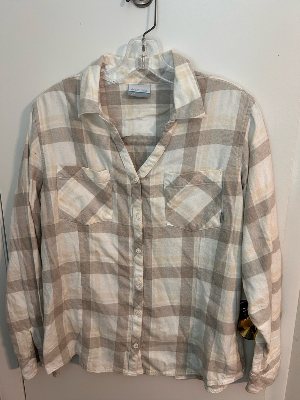 Columbia Beige and White Plaid Button-Down Shirt